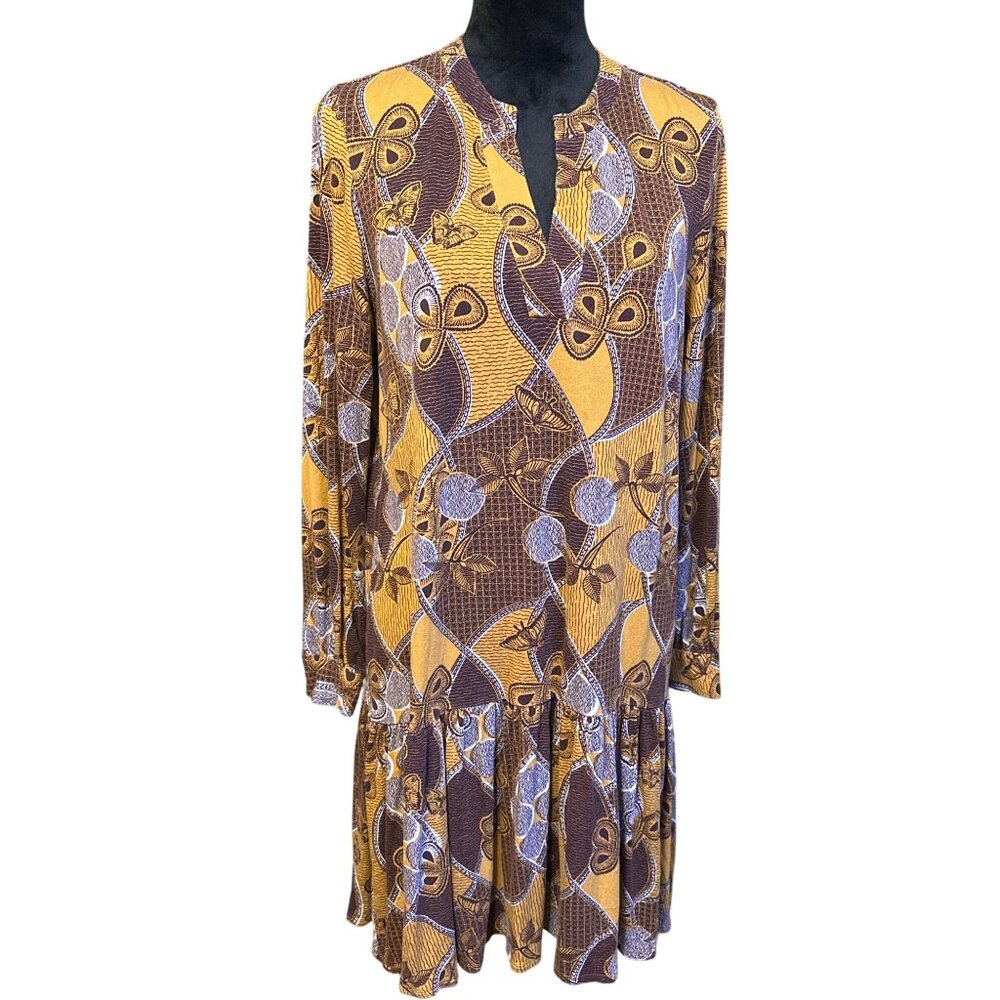 Vintage-Inspired Next Printed Long-Sleeve Dress With Abstract Pattern In Brown &